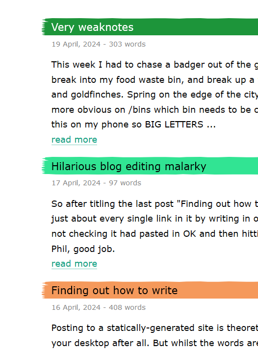 A screenshot of my blog homepage with the different coloured background to headings and the heading text is a different colour based on that
